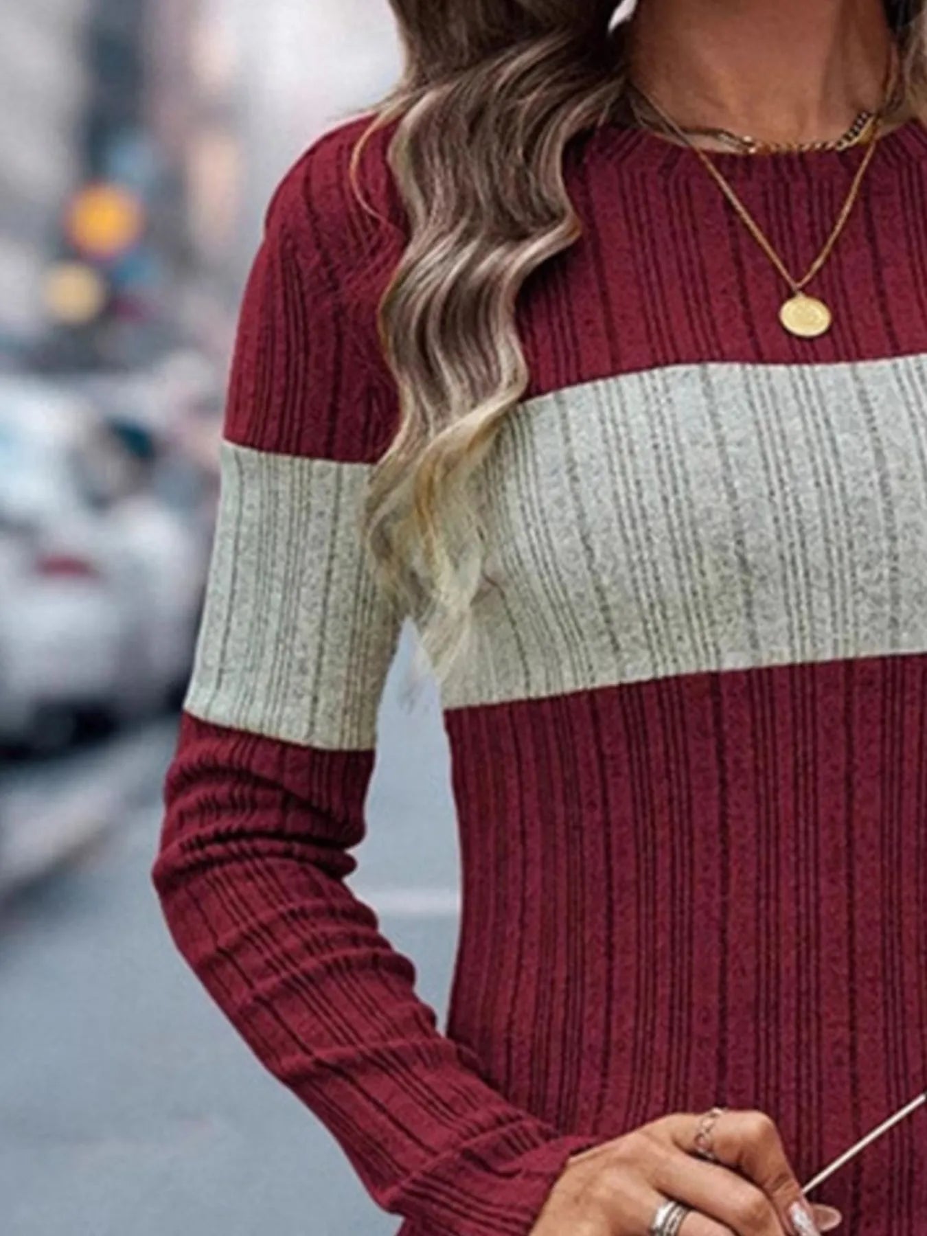 Wine red and heathered cream striped knit sweater, round neck and long sleeves