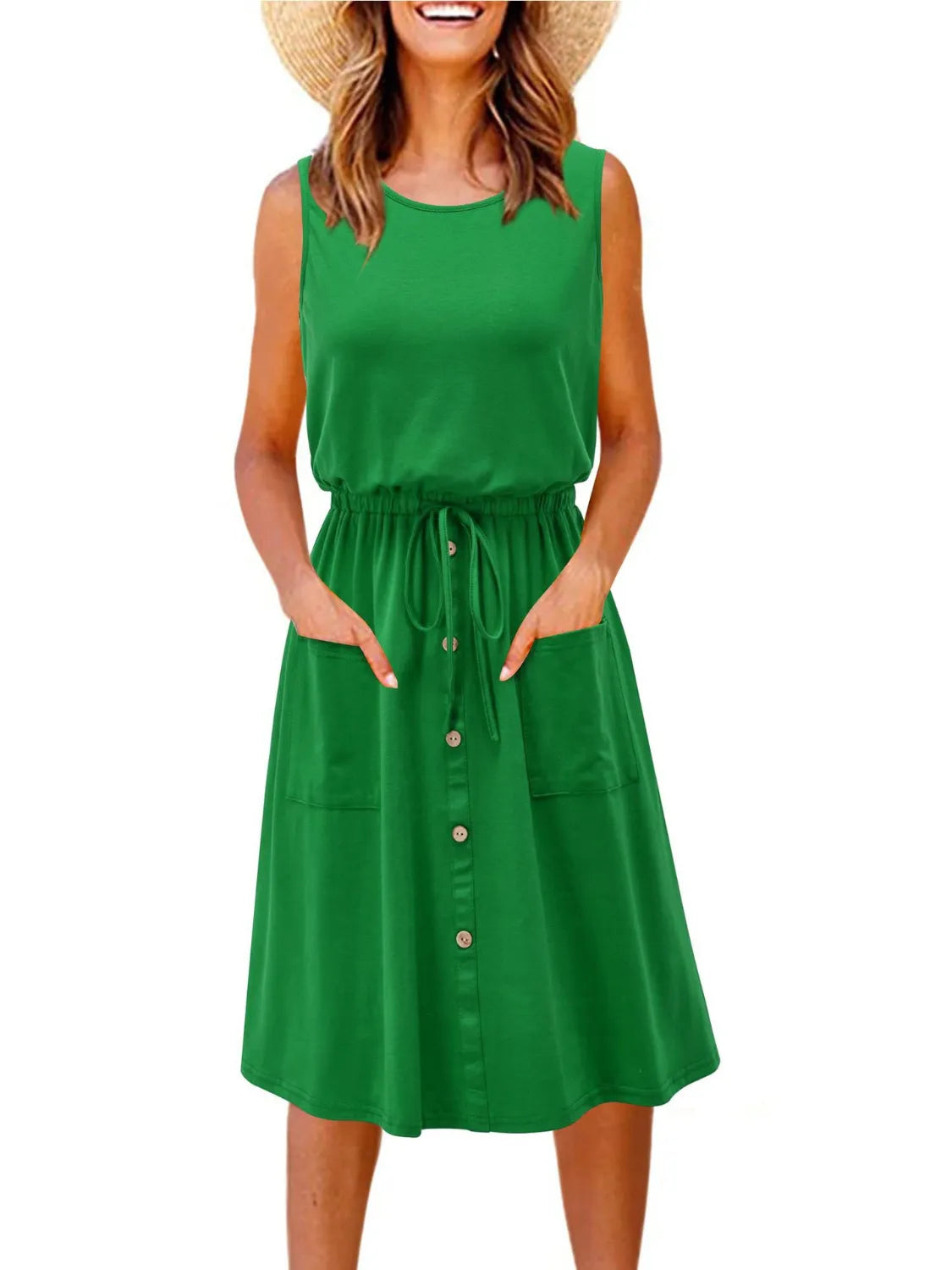 Trendsi plus-size green sleeveless round-neck tank dress with drawstring waist, pockets, button-front