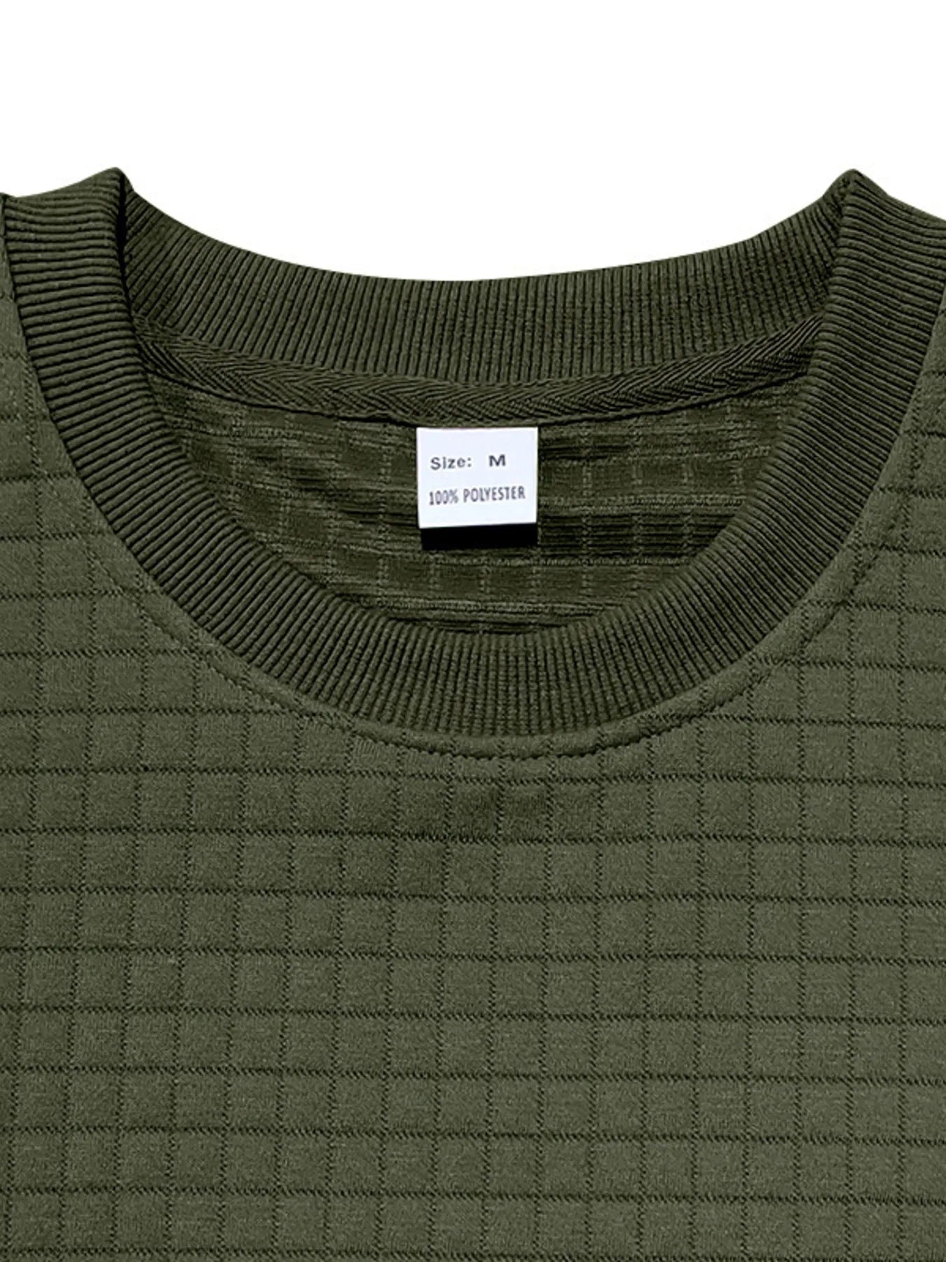 Men's textured crew-neck top with ribbed collar and inner neck label, dark green