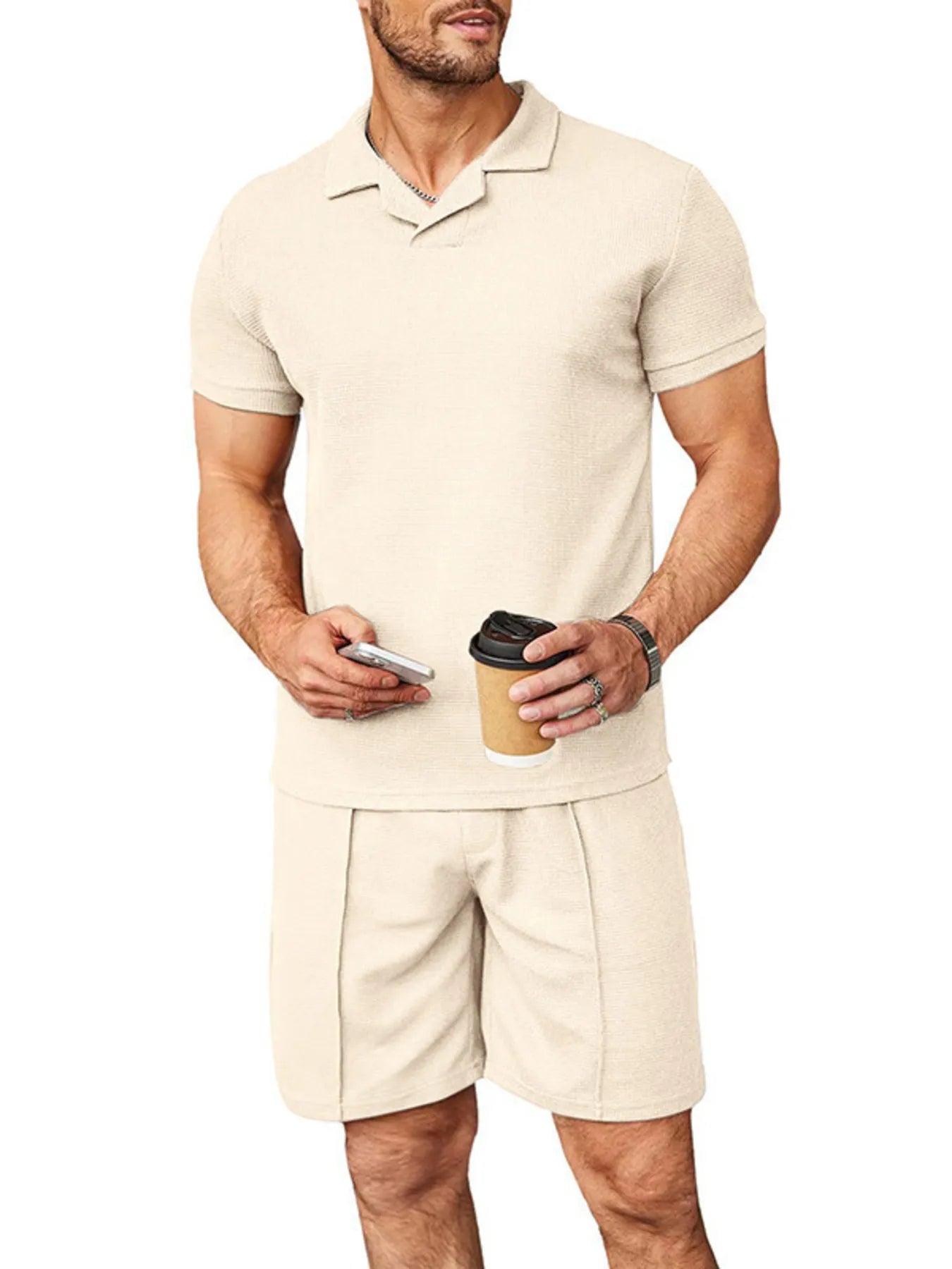 Men's plus size short-sleeve top and shorts set, cream polo and matching shorts