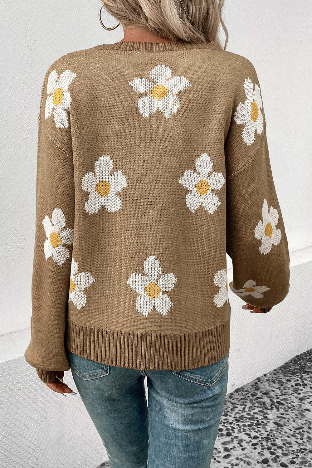 Khaki floral dropped-shoulder sweater, back view with ribbed hem and cuffs