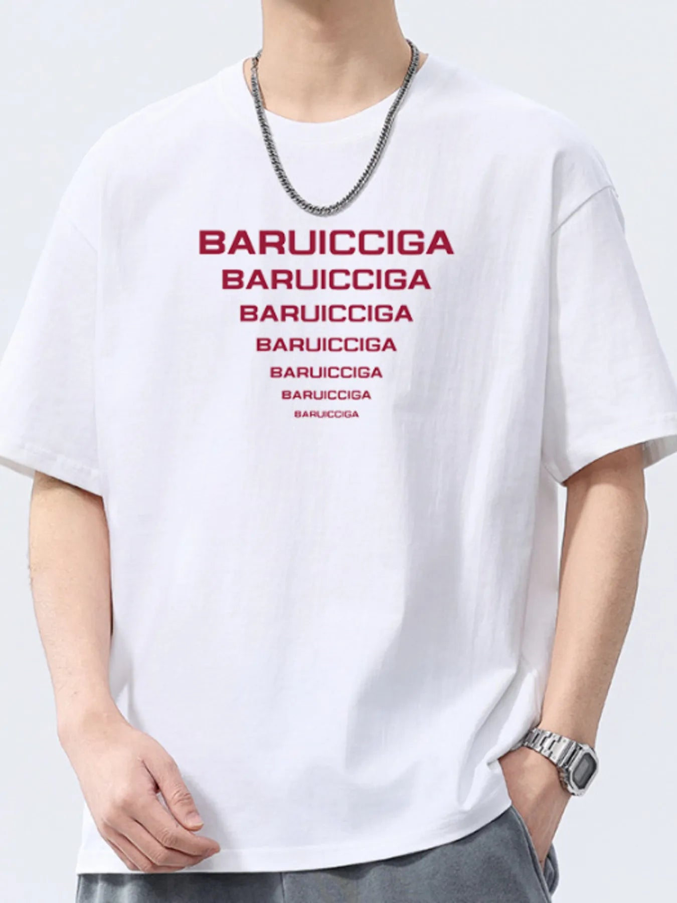 White round-neck short-sleeve T-shirt with red logo text print.
