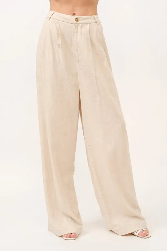 High-rise wide-leg linen-blend pants in oatmeal, button waist and pleated front
