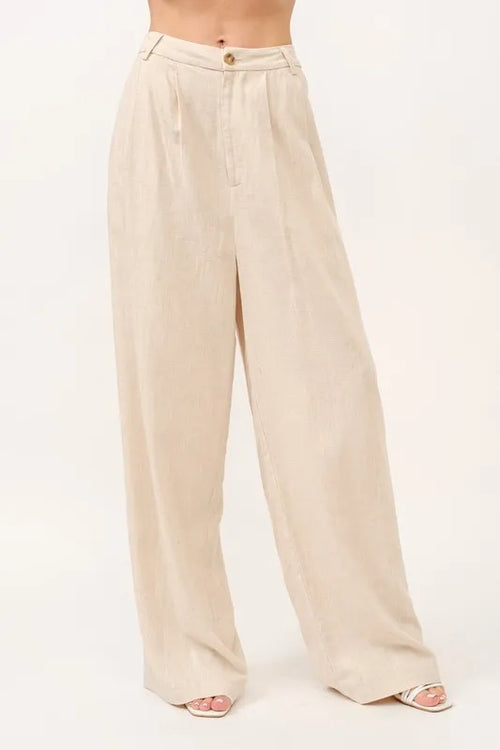 High-rise wide-leg linen-blend pants in oatmeal, button waist and pleated front