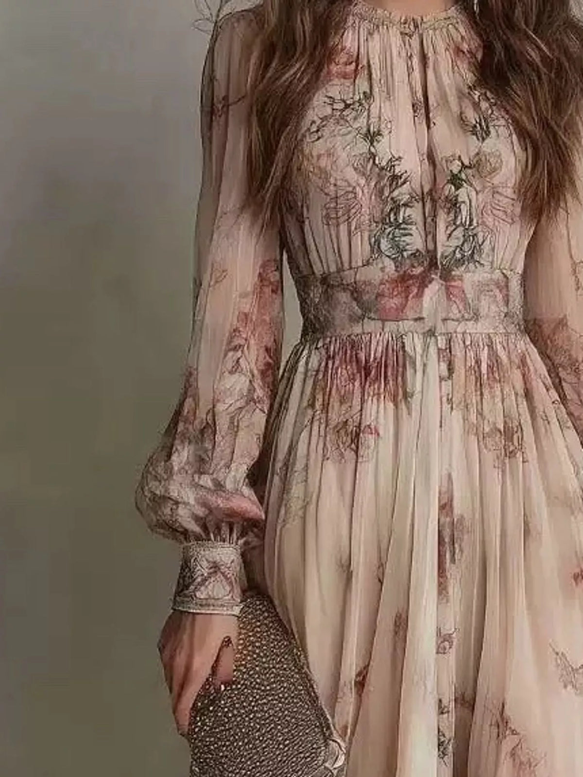 Floral maxi dress with gathered neckline, long sheer sleeves, elastic waist