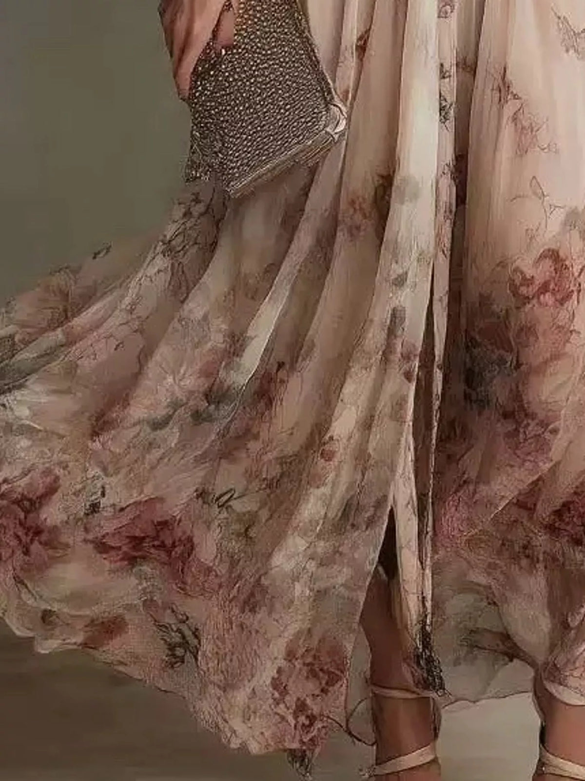 Floral maxi dress skirt with soft drape, ruffled hem and front slit detail