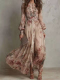 Light cream floral long-sleeve maxi dress with tiered skirt and front slit