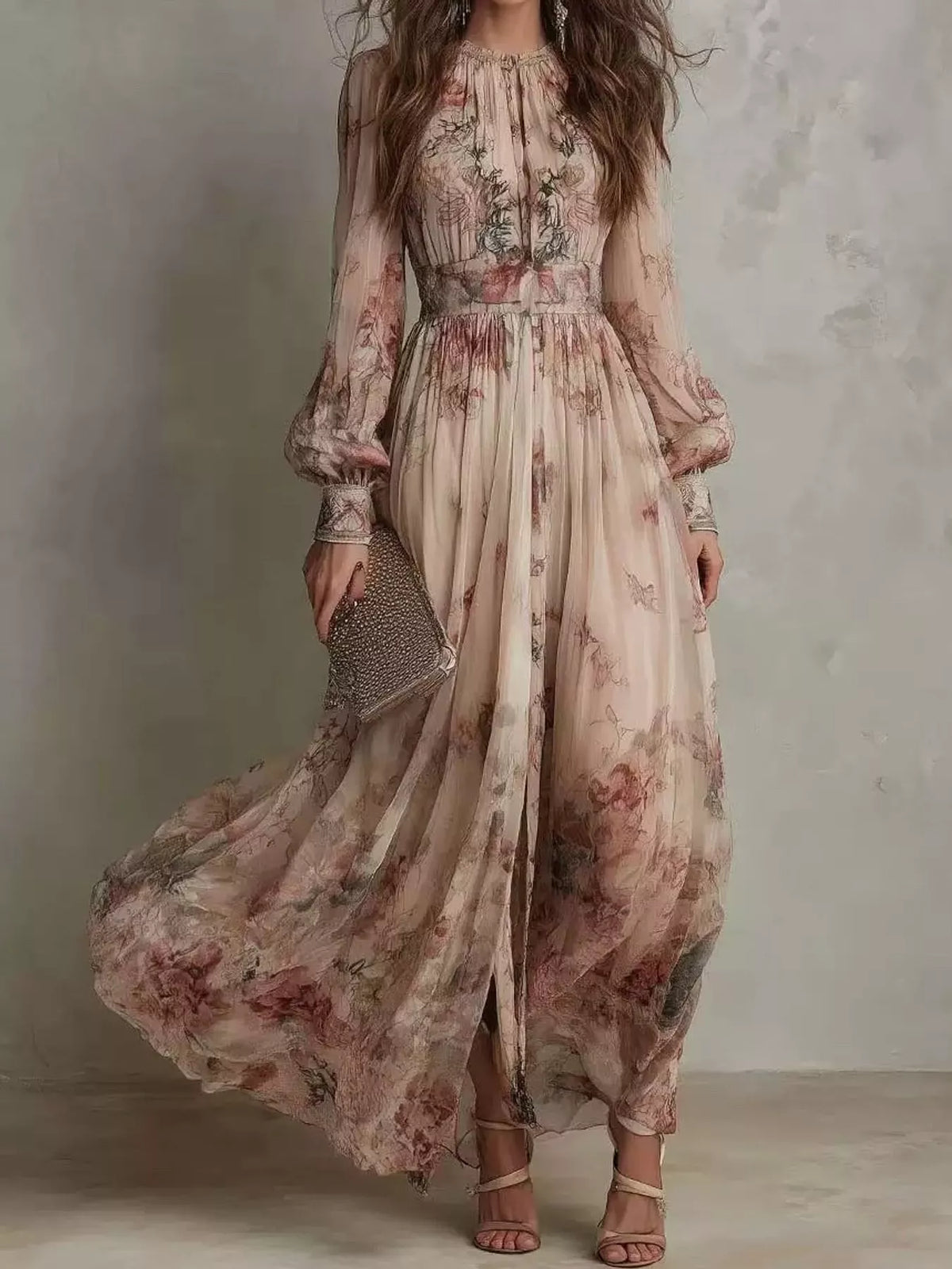 Light cream floral long-sleeve maxi dress with tiered skirt and front slit