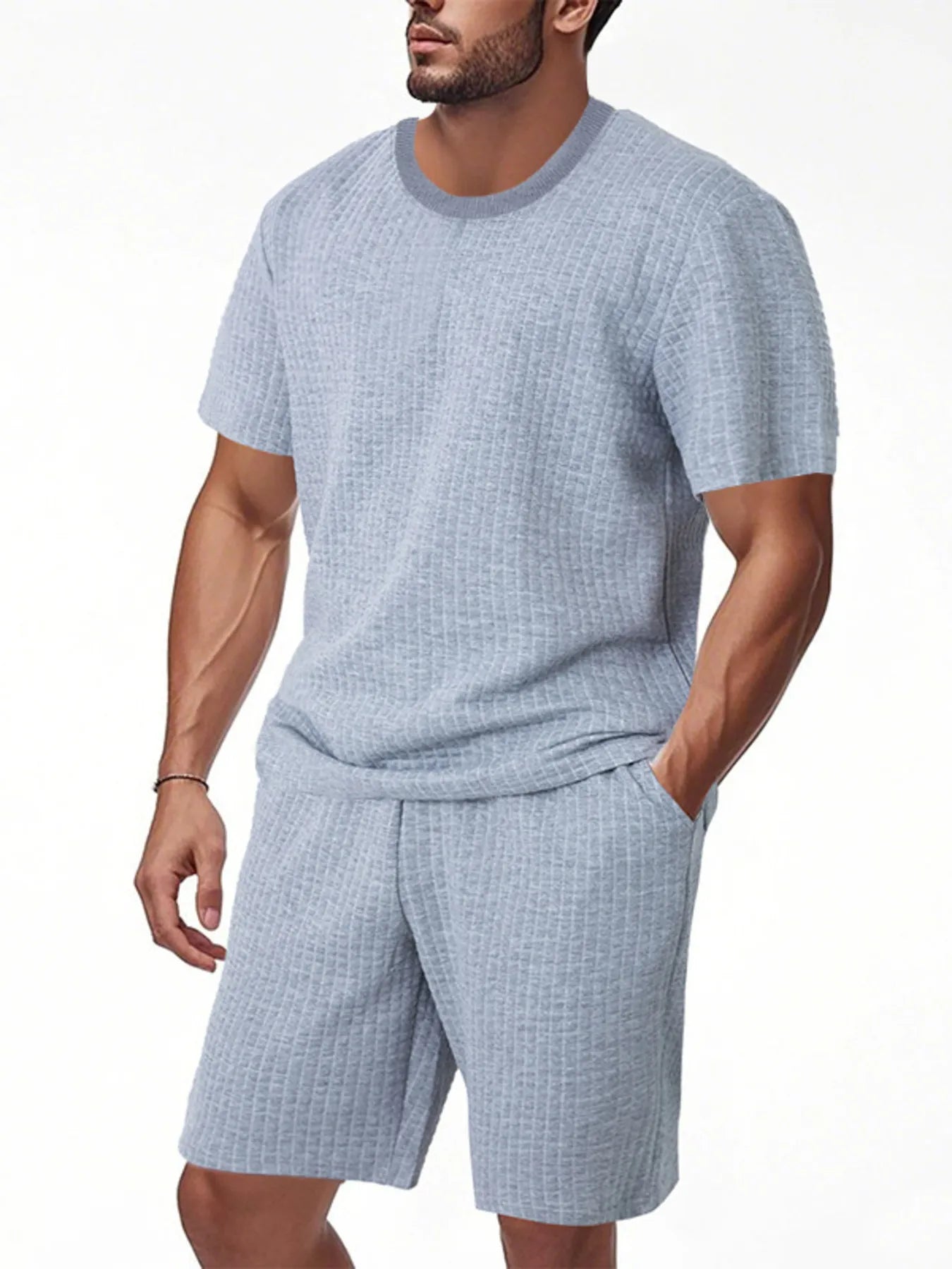 Textured light blue men's round-neck short-sleeve top and matching shorts set