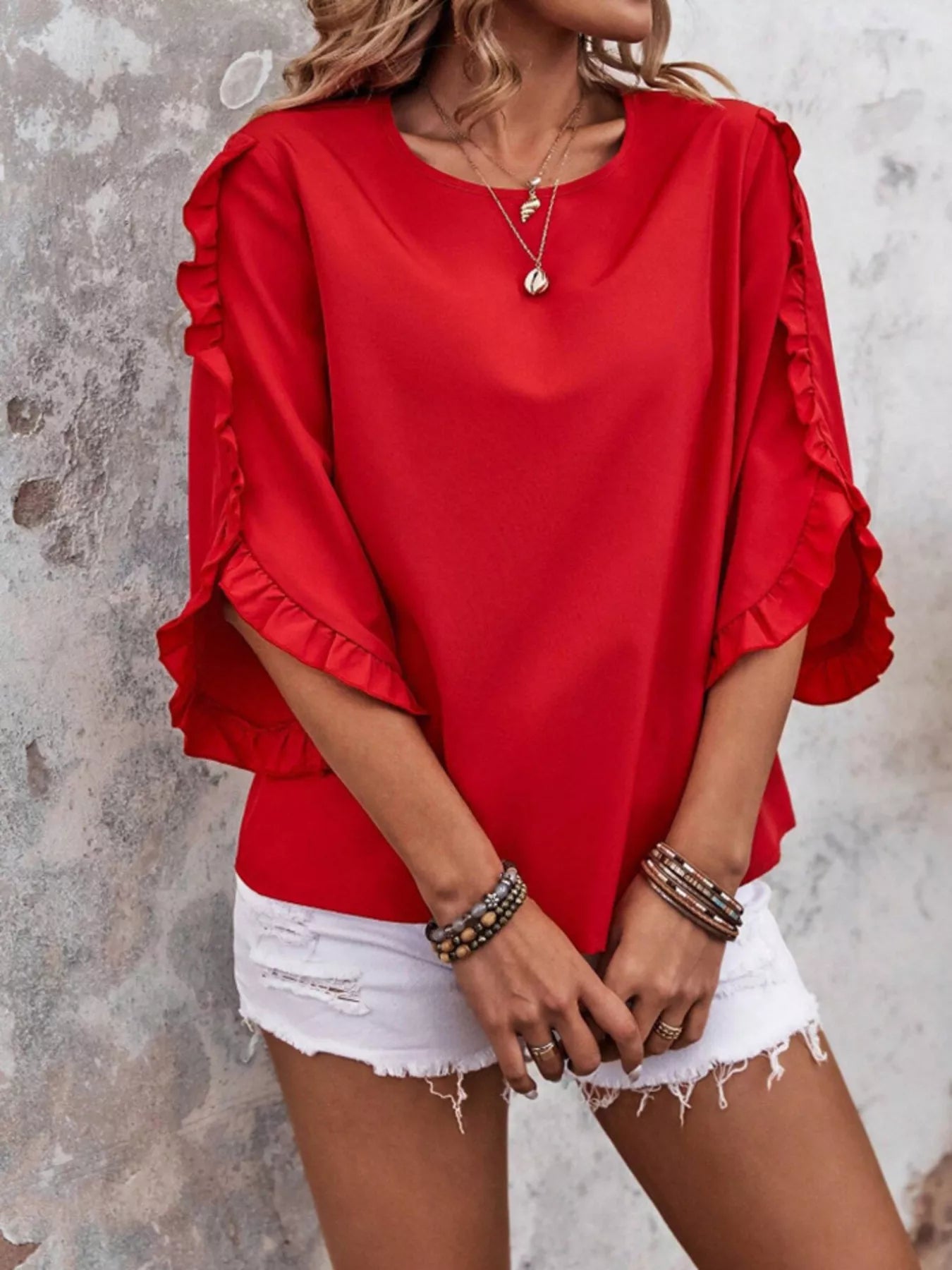 Ruffle Sleeve Solid Color Blouse in red by Trendsi