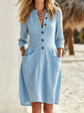 Button-front long-sleeve dress with pockets, light blue with button placket