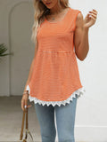 Orange striped sleeveless babydoll tank with lace-trim hem and rounded neckline