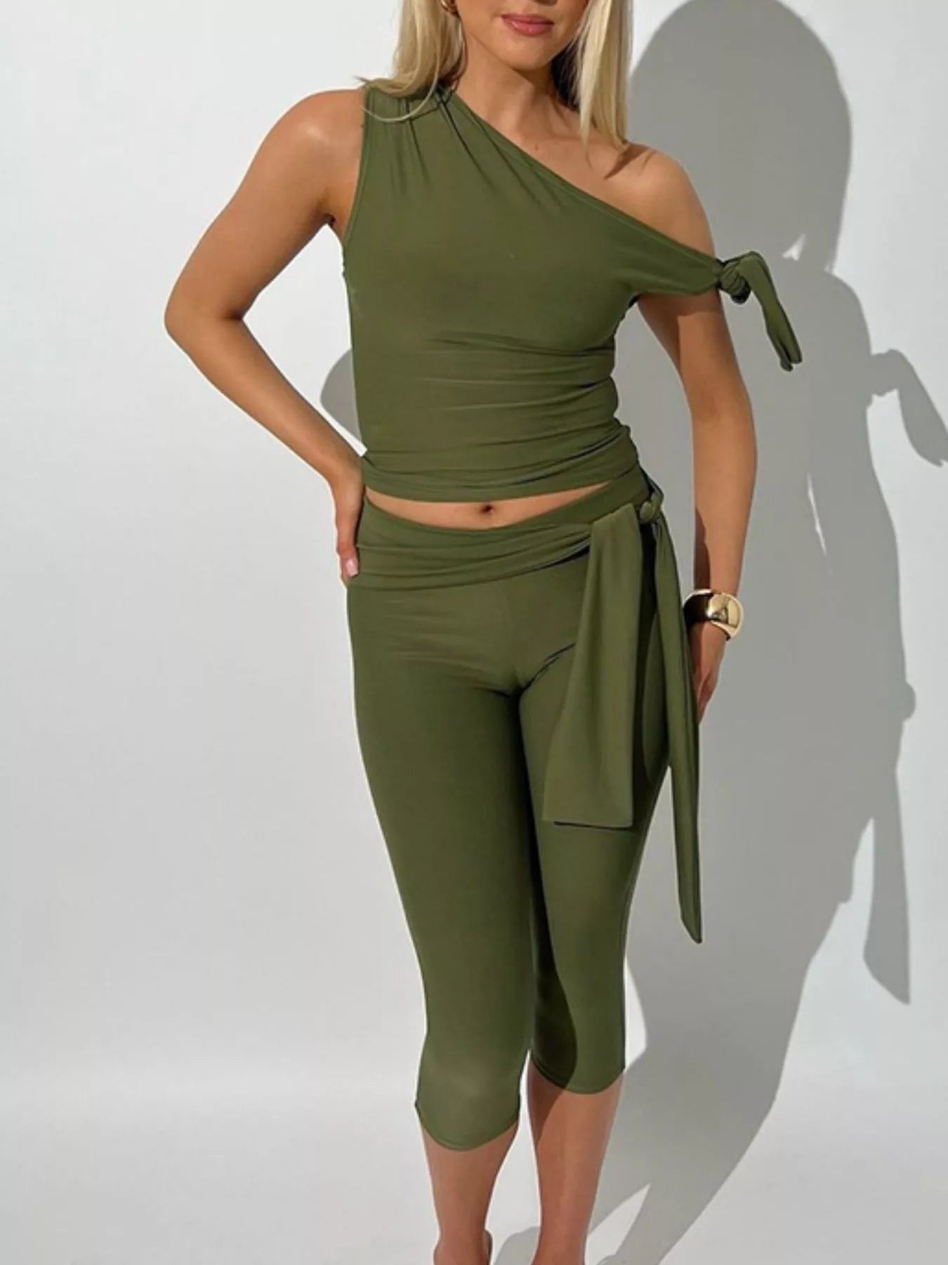 Moss green one-shoulder tie-knot top and capri pants with side tie panel