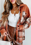 Plaid button-up long sleeve jacket with rust orange collar, chest pockets, and dark buttons