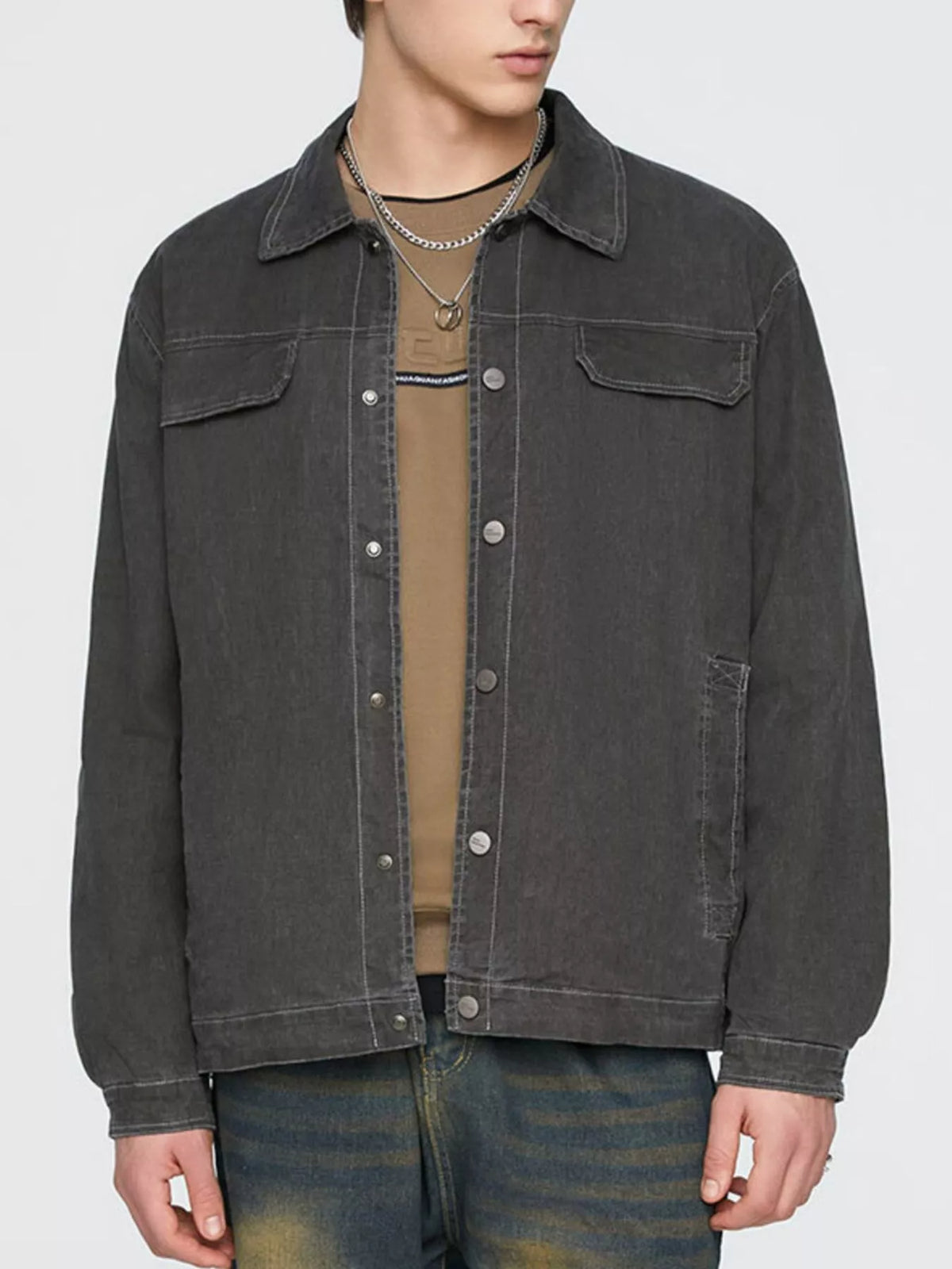 Men's gray cotton button-up jacket with two chest pockets and snap button front