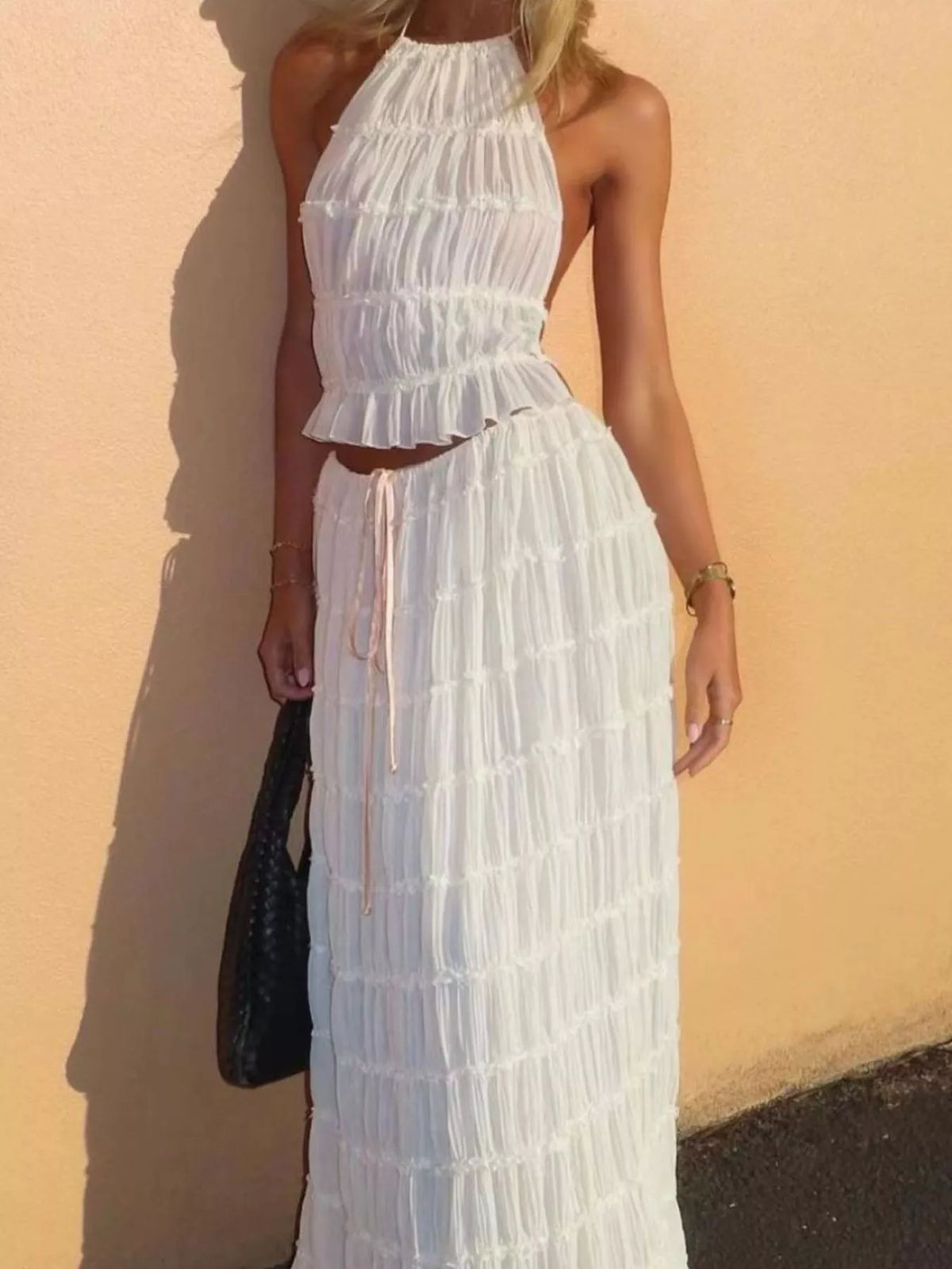 Milky white ruffled halter crop top and tiered maxi skirt set, full length