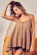 Taupe popcorn waffle knit cami top with front buttons and layered side hem