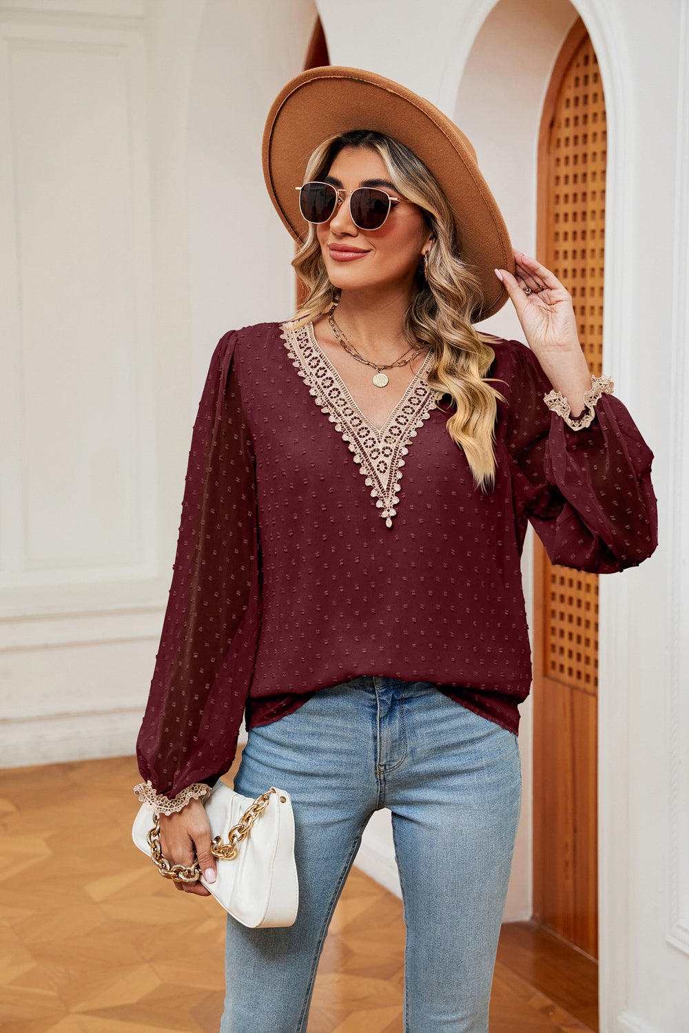 Wine Swiss-dot V-neck blouse with contrast trim, lace-trim cuffs