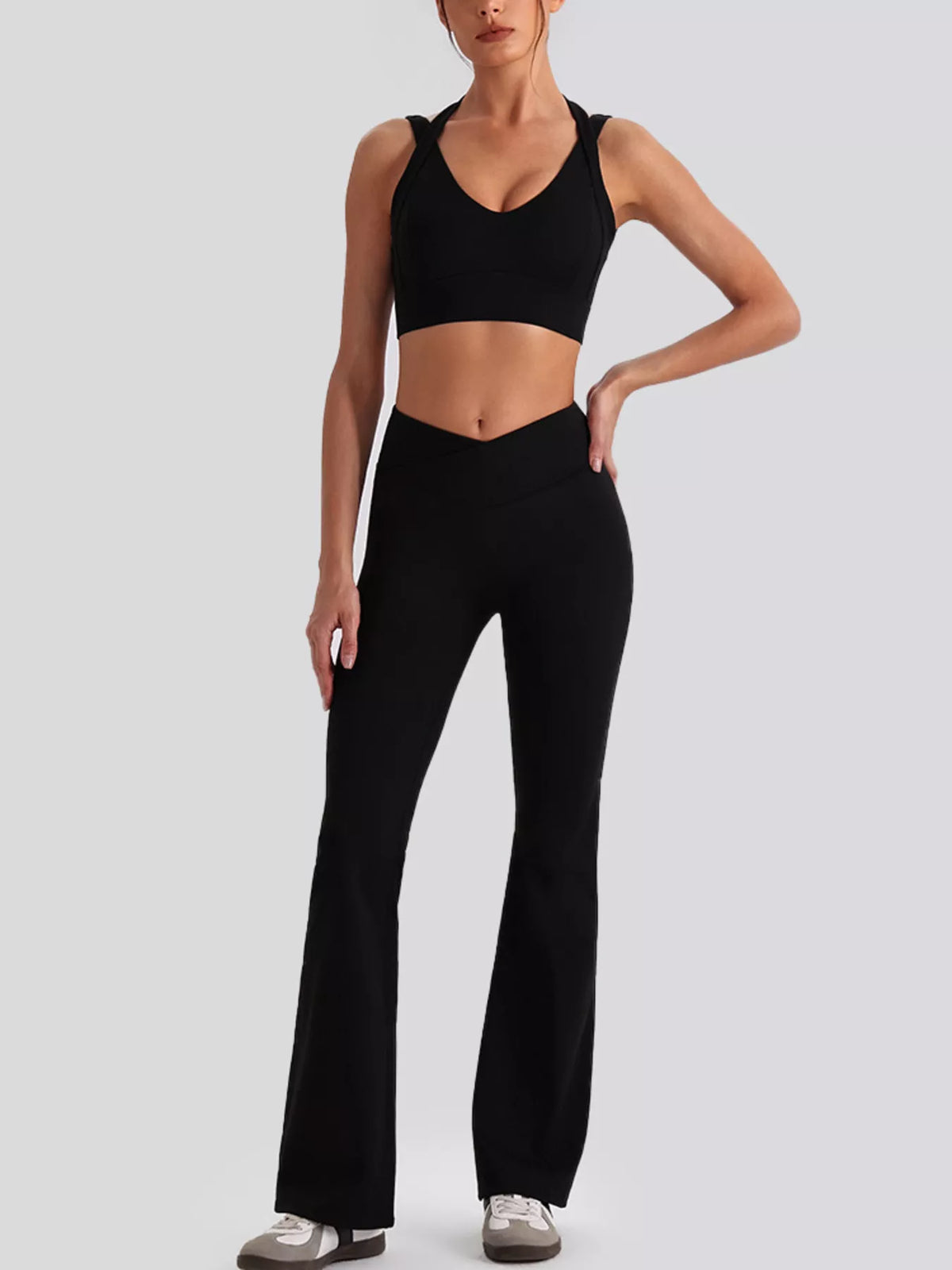 Seamless V-neck tank and flared leggings set, solid black