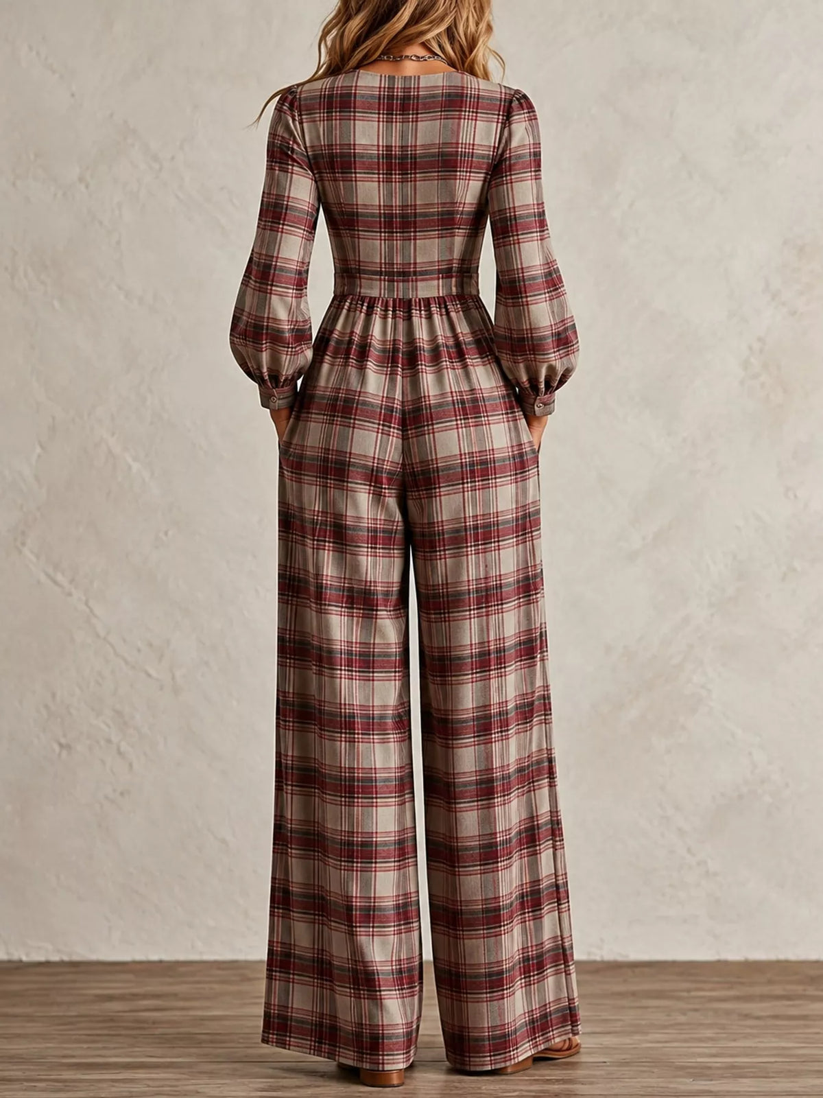 Red plaid long-sleeve jumpsuit with back yoke and elastic waist, wide legs