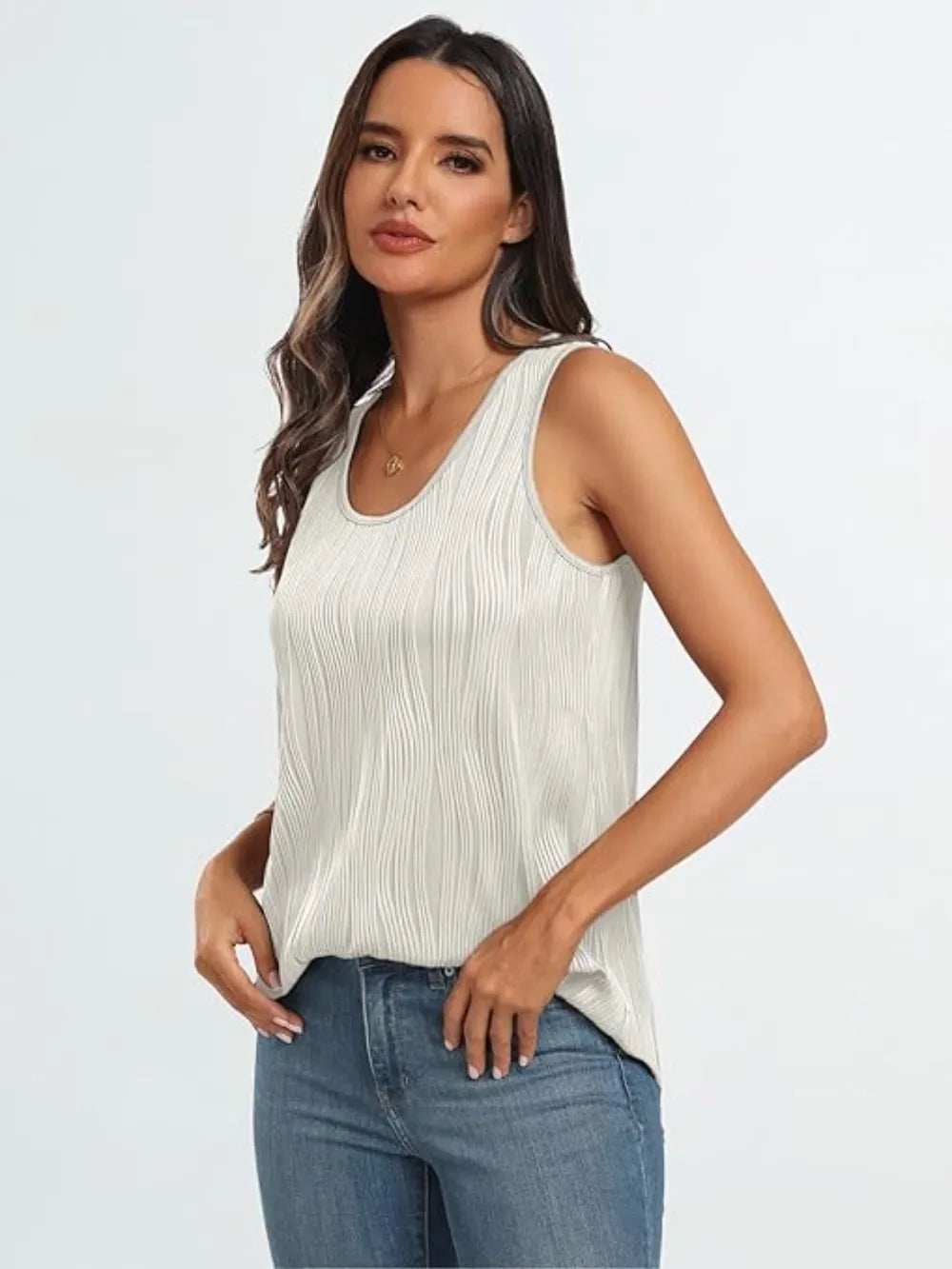 White wide-strap tank top with round neckline and vertical ribbed texture