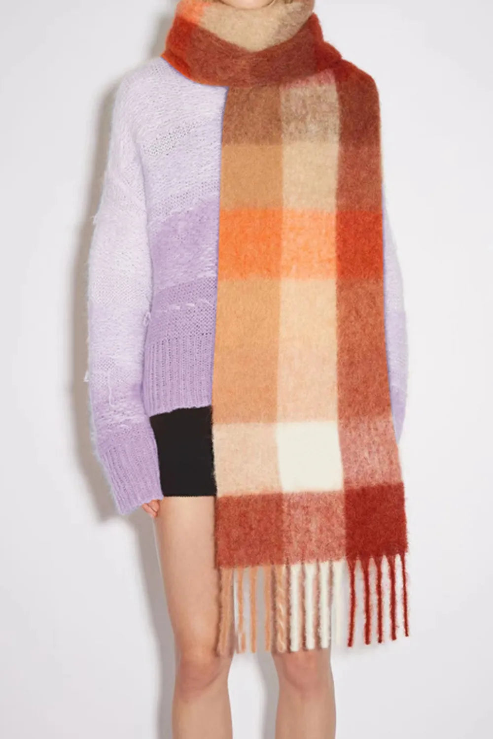 Plaid fringe scarf in cream, orange, and tan block checks