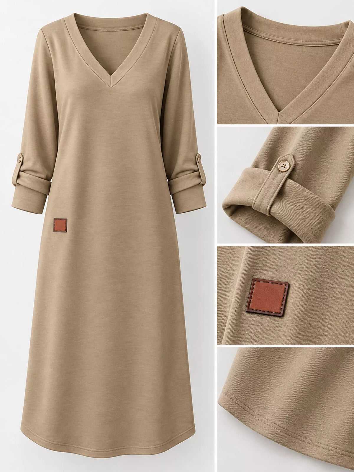 V-neck long-sleeve midi dress in light khaki-beige, sleeve cuffs and square patch detail