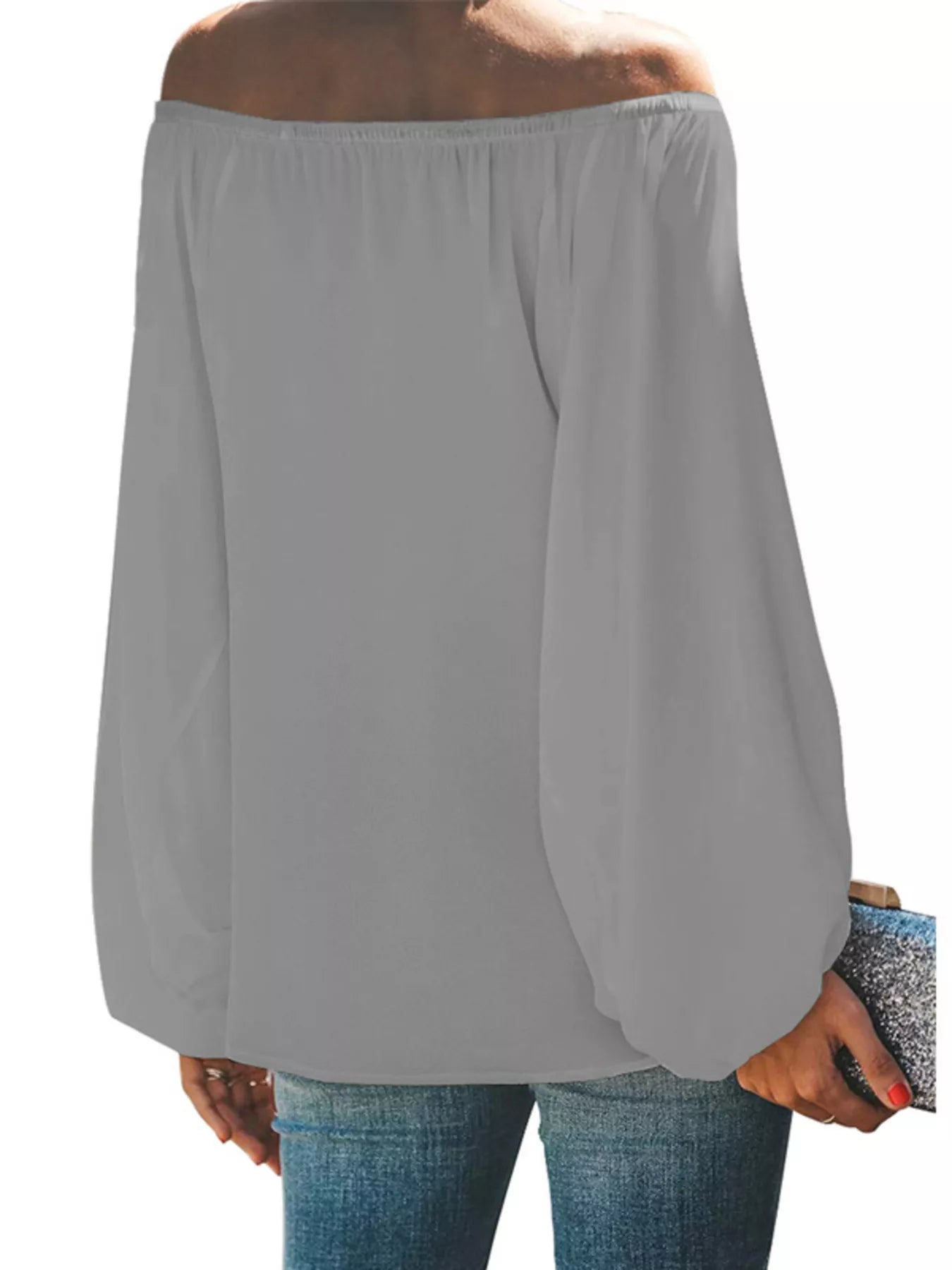 Cedar & Moore Off-shoulder balloon sleeve blouse, grey, plus size, Trendsi