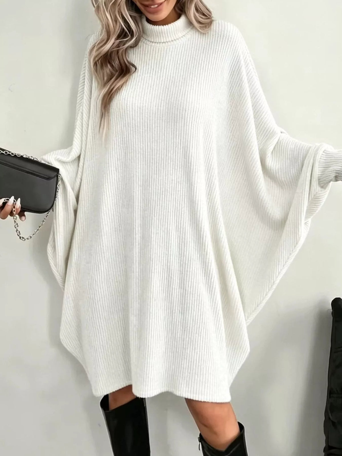 White ribbed knit turtleneck sweater dress, oversized long sleeves