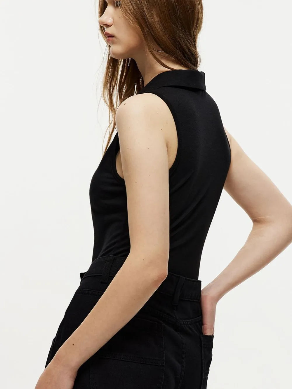 Black sleeveless bodysuit with collared neck and back view