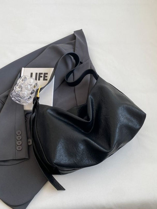 Adjustable Strap Shoulder Bag in black PU leather, large size