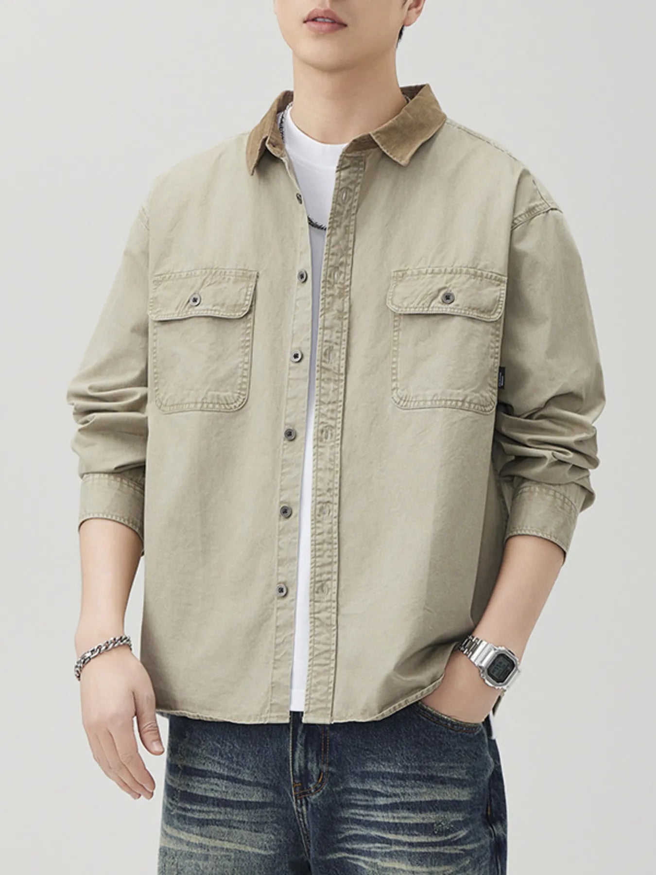 Khaki men’s plus size button-up long sleeve shirt with two chest pockets
