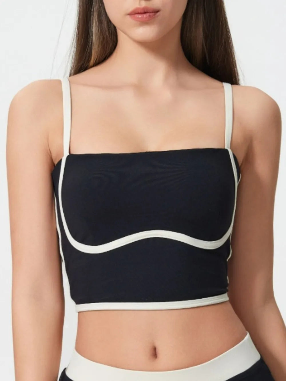 Black active cami with square neckline and contrast white trim