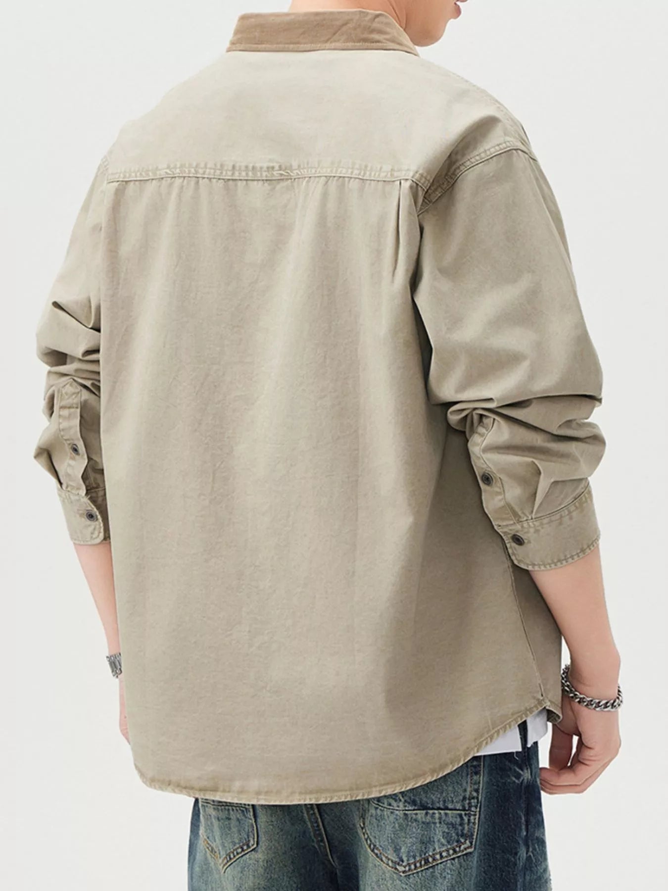 Khaki men’s plus size button-up long sleeve shirt, back view