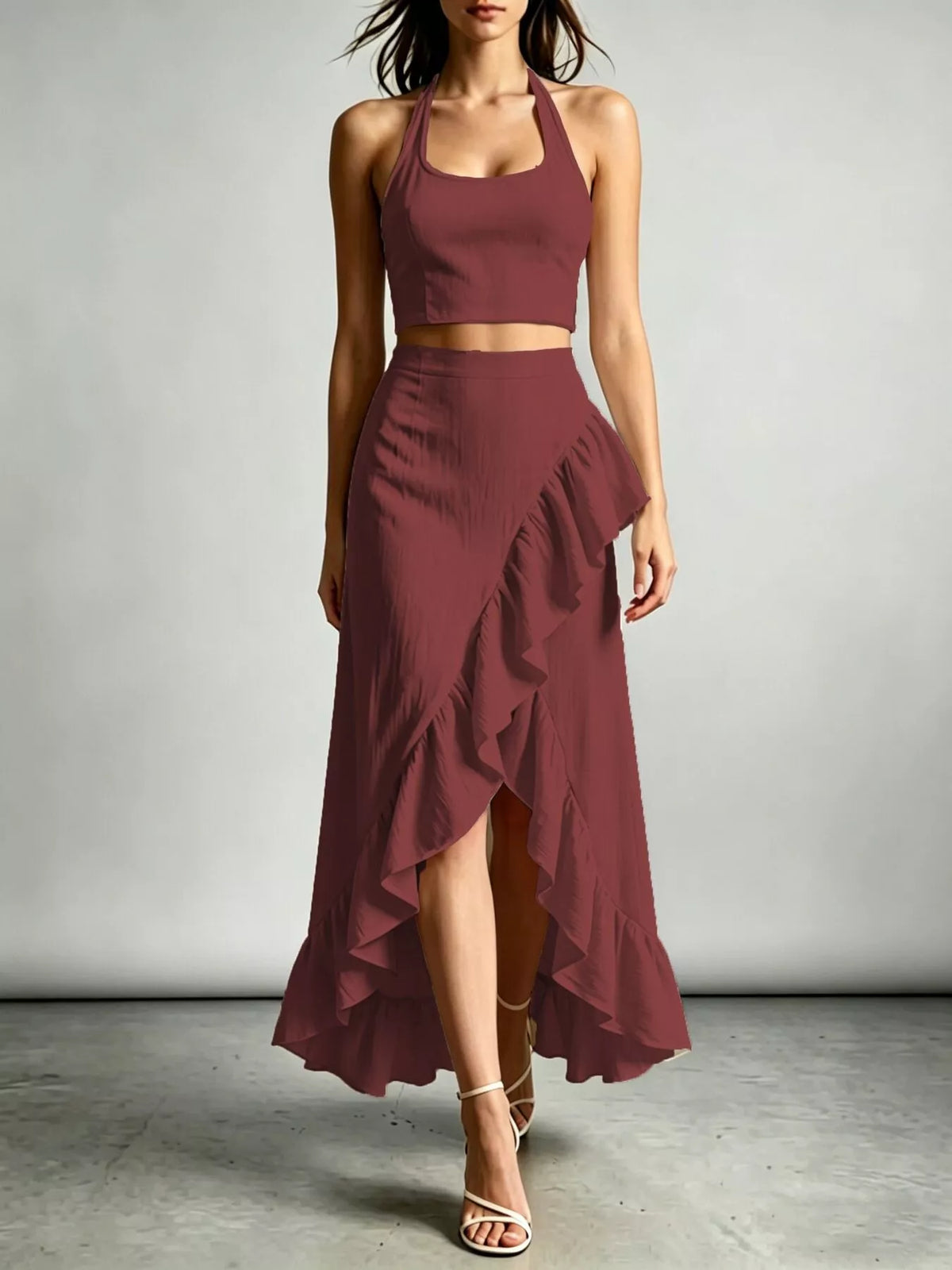 Ruffled halter crop top and high-low maxi skirt set in burgundy
