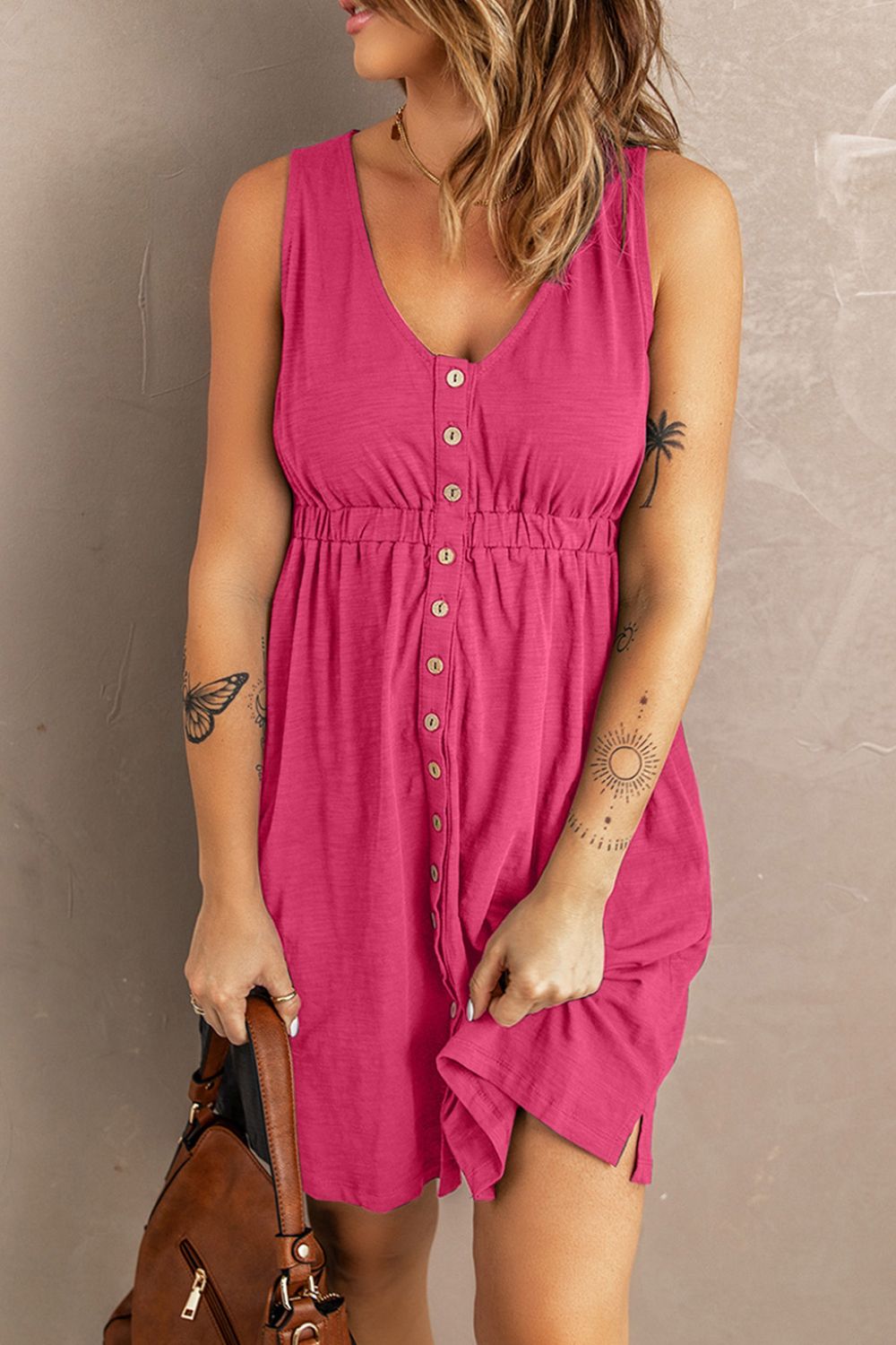 Very pink sleeveless button-front mini dress with V-neck and front shirred waist