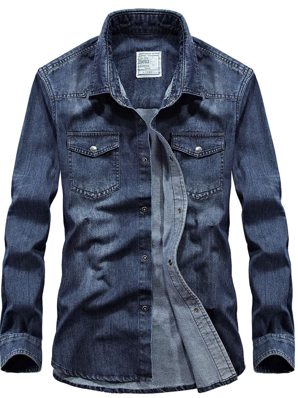 Men's washed denim shirt with two chest pockets, button-up front, medium blue