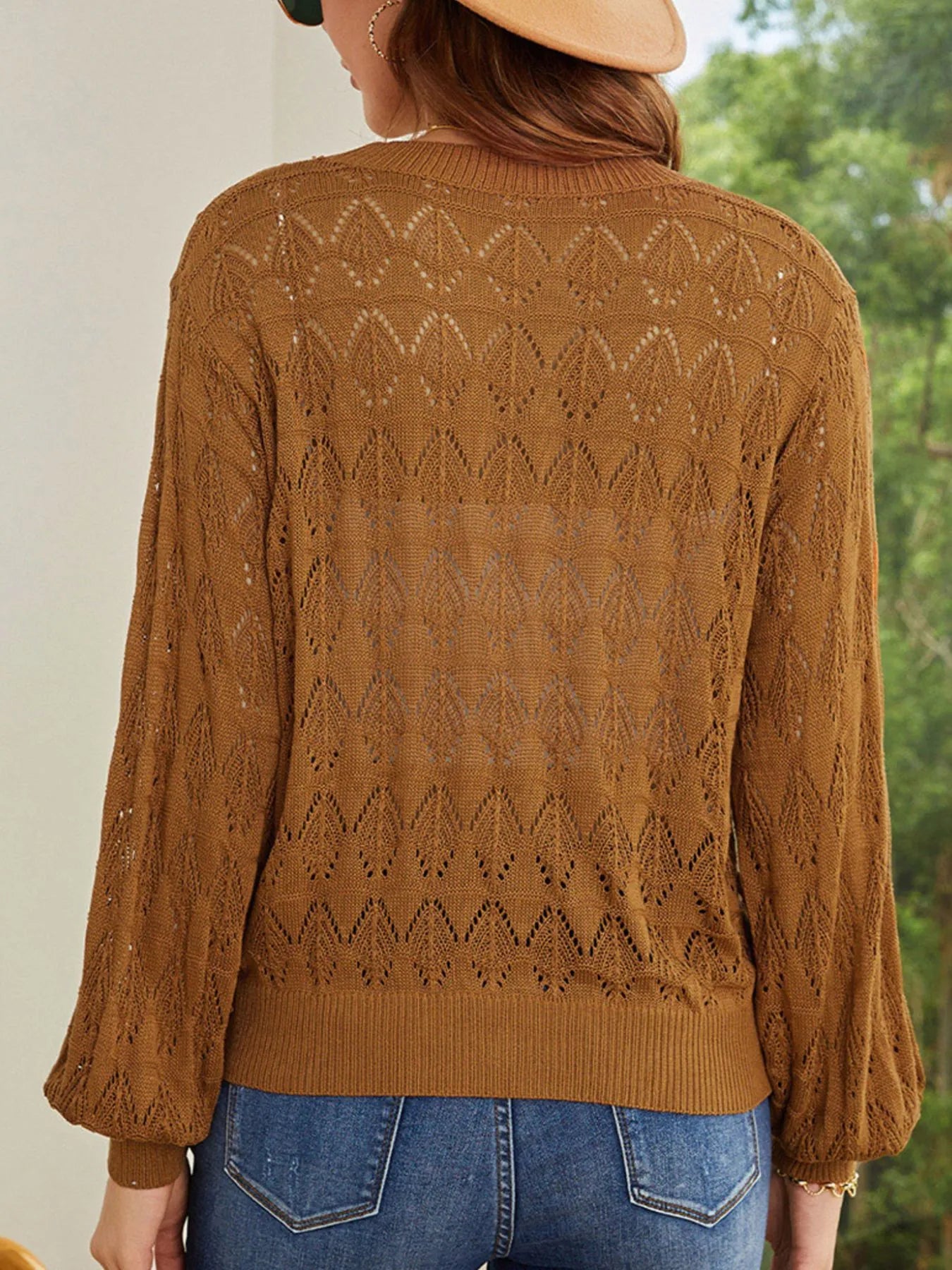 Brown openwork cardigan back view with long sleeves and zigzag diamond knit texture