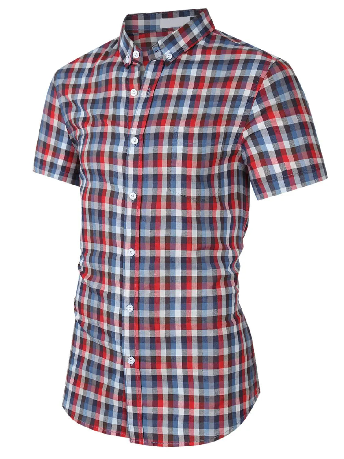 Red and dark plaid short-sleeve collared button-up shirt, side front view
