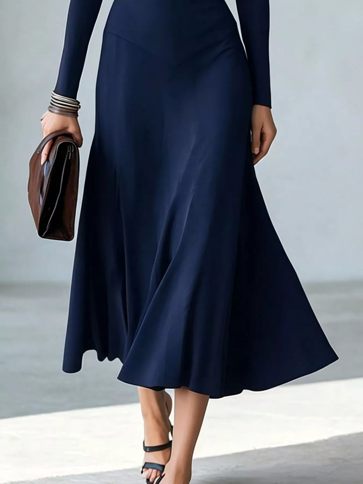 Navy mock neck long sleeve midi dress with flared hem and cutout bodice