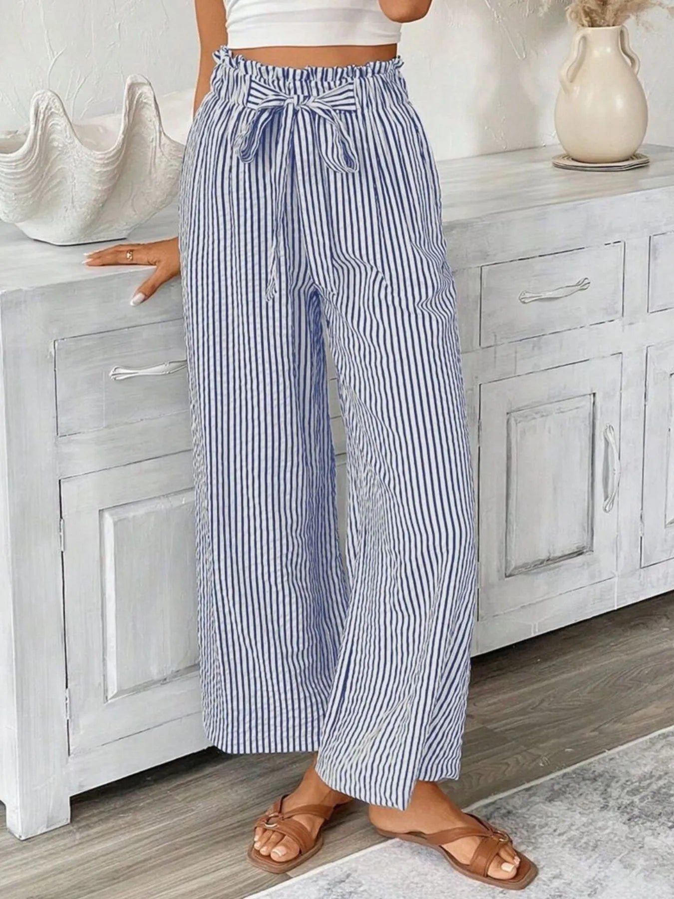 Striped paper bag waist wide-leg pants, blue and white pinstripe, drawstring tie
