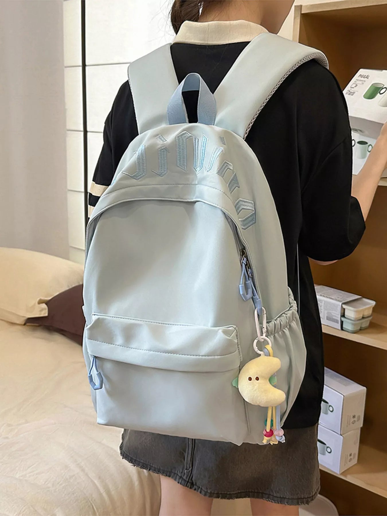 Cedar & Moore Embroidered letter backpack bag, light blue, medium size, by Trendsi.