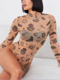 Dust Storm printed mock neck long-sleeve bodysuit, fitted allover graphic print