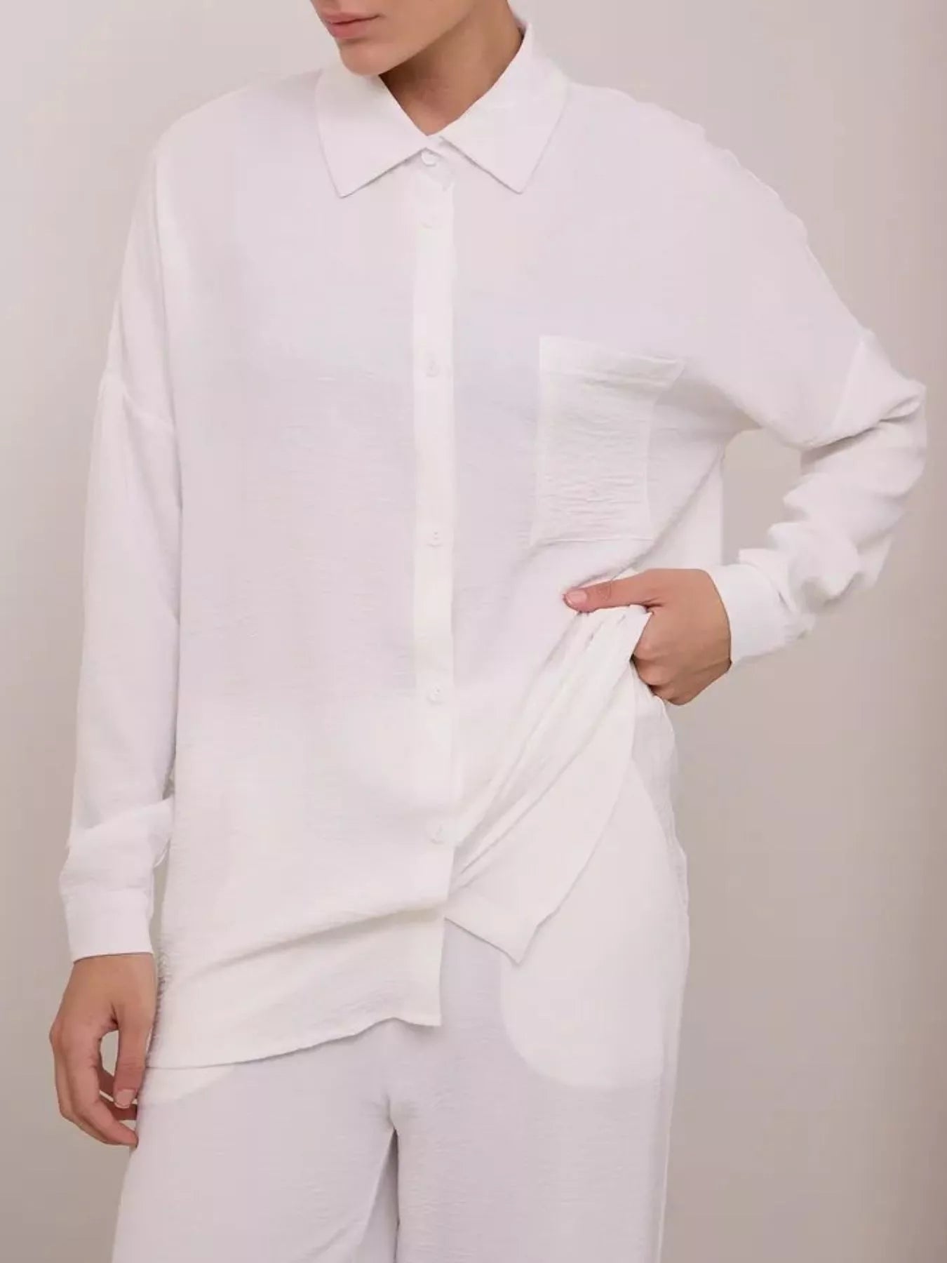 White relaxed shirt and wide-leg pants set, button-front long-sleeve shirt with collar