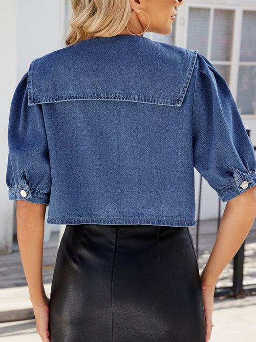 Navy denim button-up puff sleeve top, back view with gathered shoulders