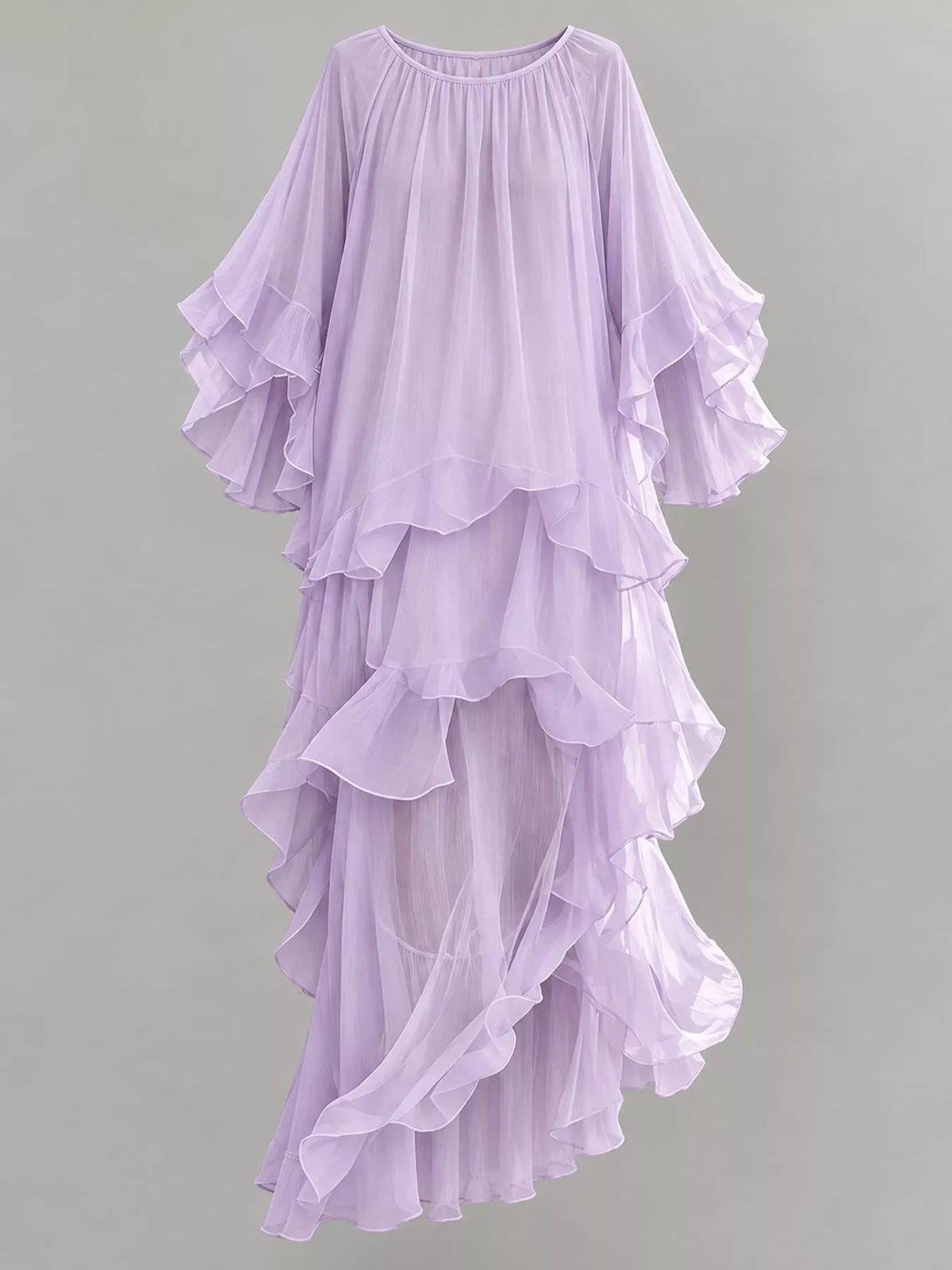 Lavender ruffled layered bohemian maxi dress with round neckline, tiered skirt