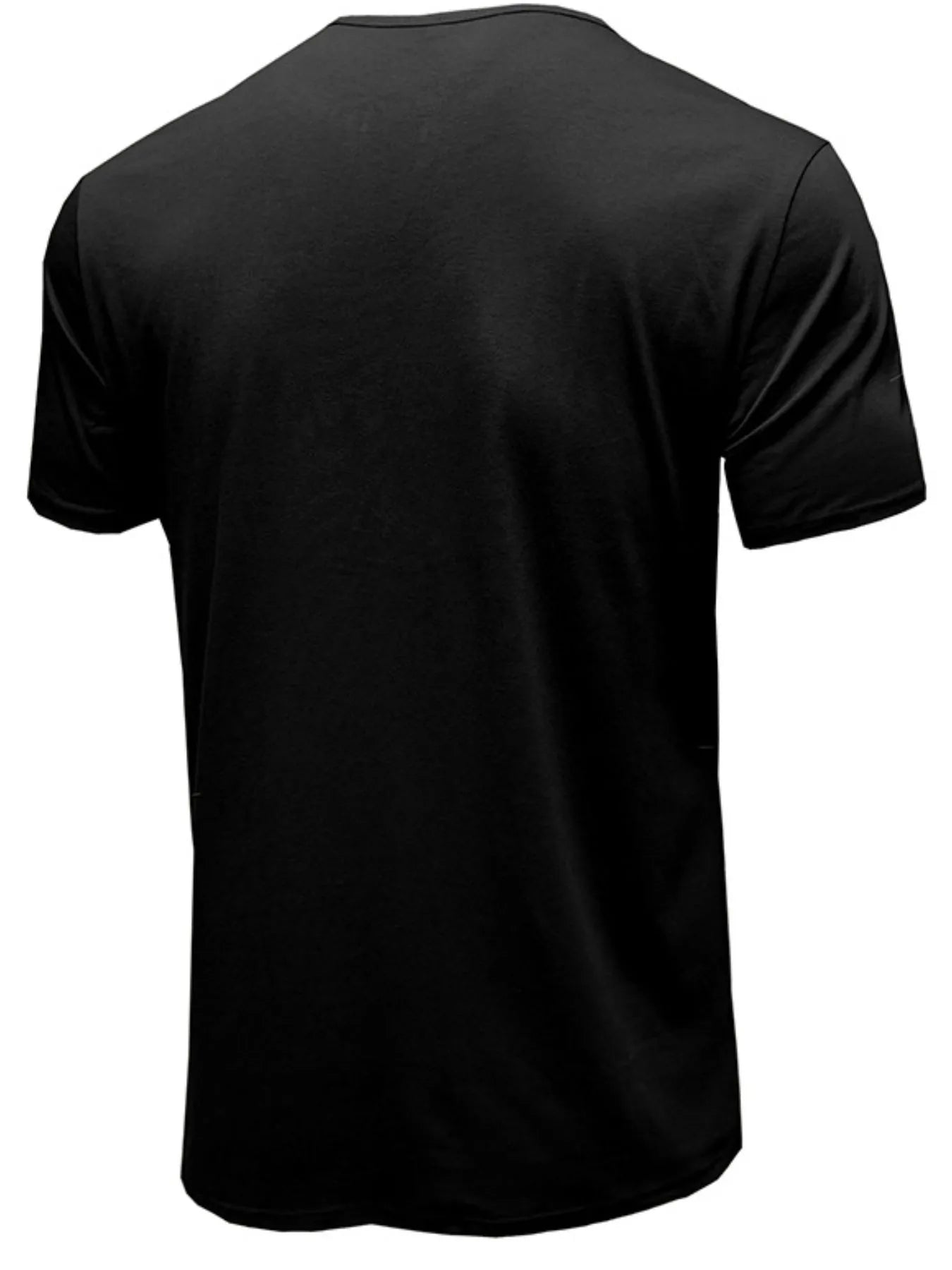 Black henley short-sleeve polo shirt from the back with a smooth round hem