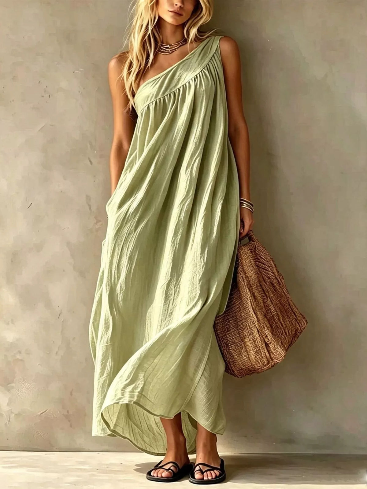 Sage one-shoulder stretch maxi dress with pleated drape and gathered neckline