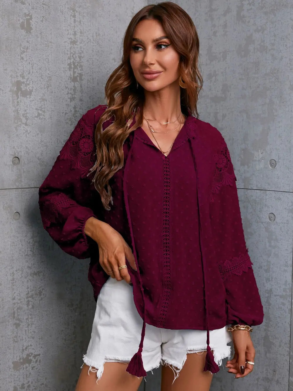 Wine crochet blouse with keyhole button placket and tassel tie neck