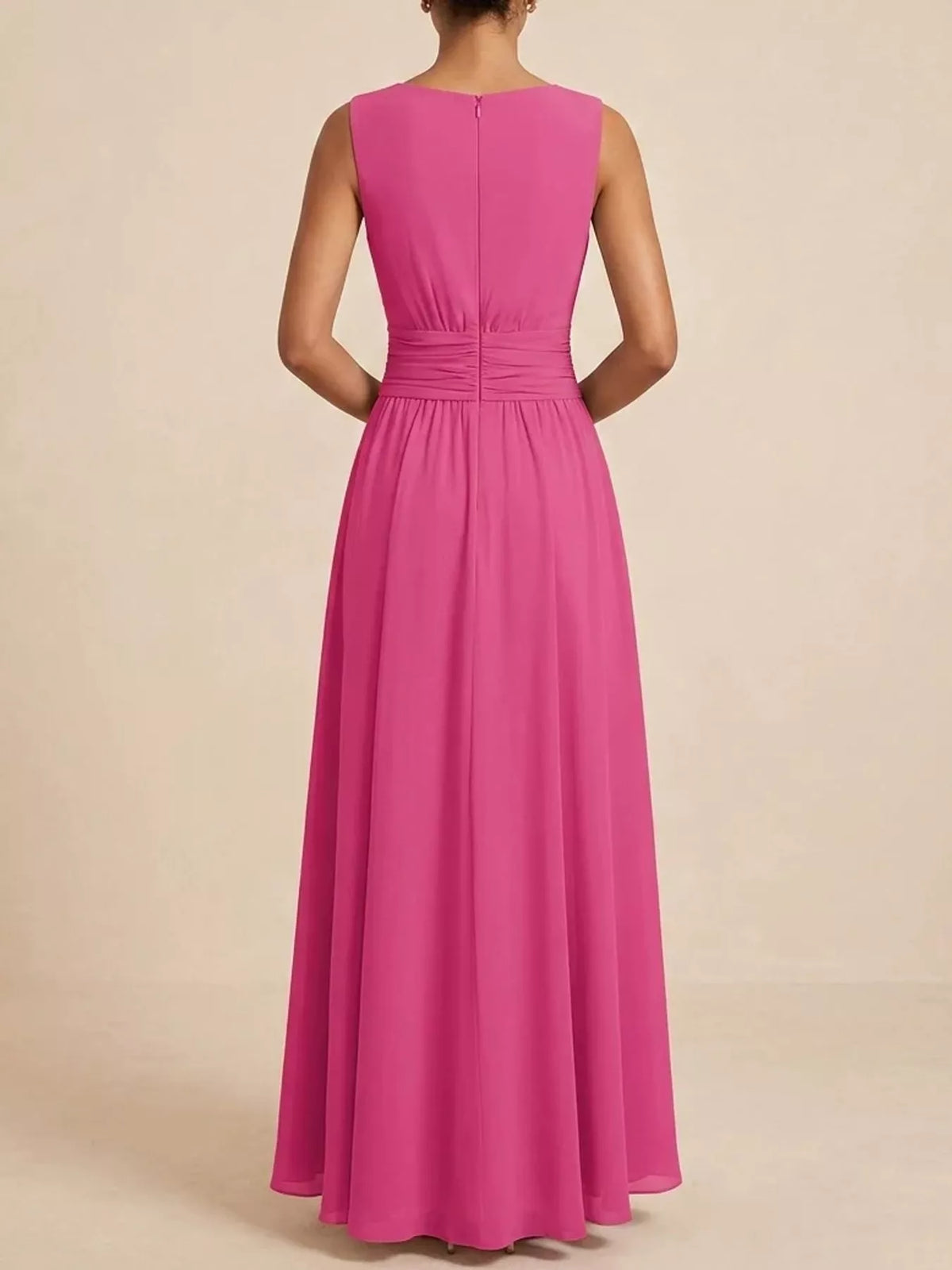 Pink sleeveless ruched chiffon maxi dress, open back with gathered waist